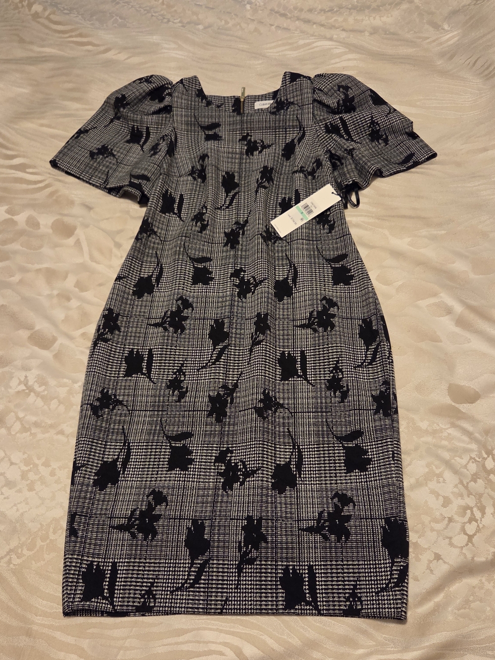 Calvin Klein Black and Gray Floral Plaid Midi Dress